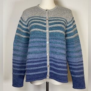 L.L.Bean Cardigan Cotton Blue Gray Ombré Textured Knit Women’s Size Large Petite